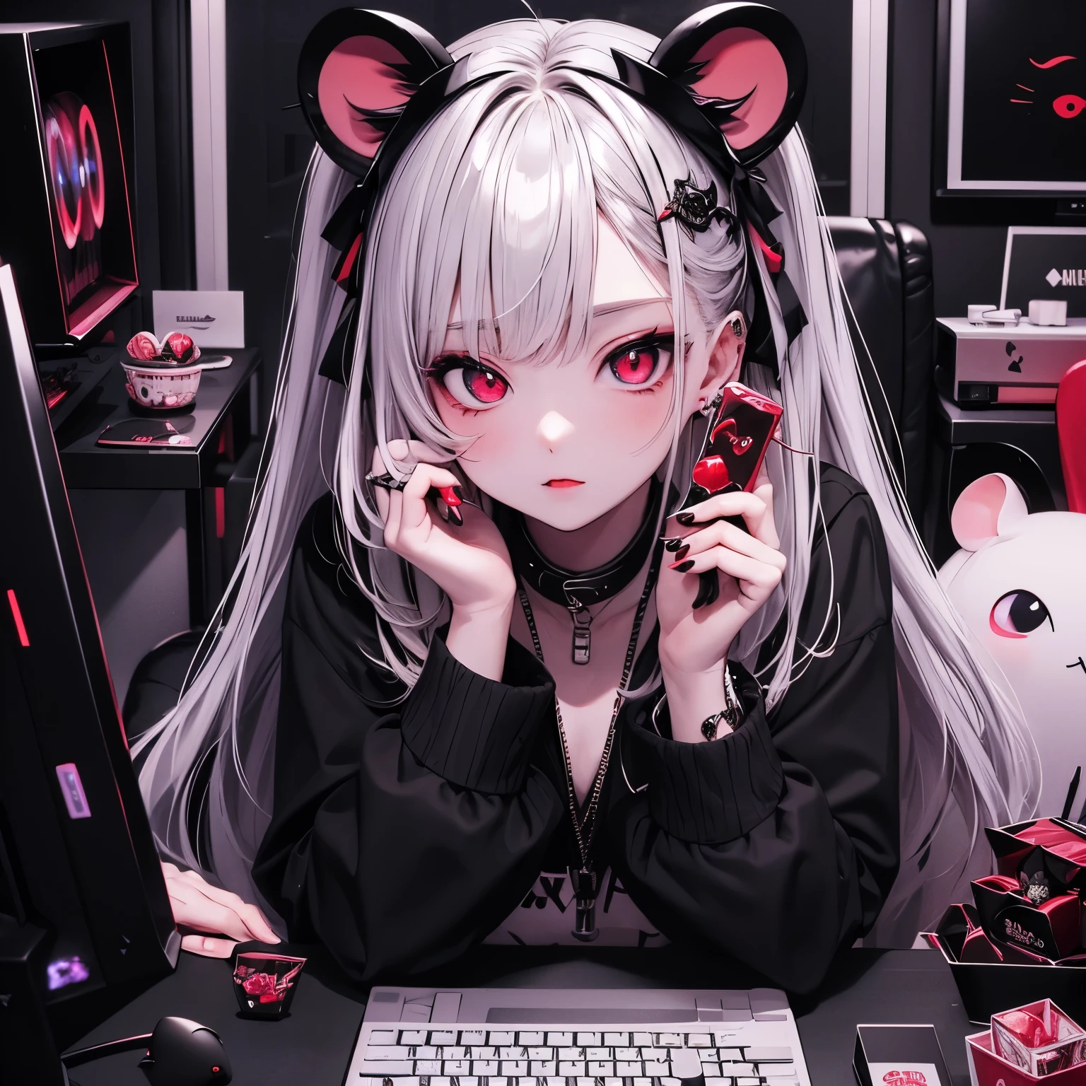 (masterpiece), Highest quality, Ultra-high resolution,Devil with a black ribbon、Silver Hair、Red eyes、Black clothing、mouse、(computer:1.3)、(sweets:1.5)