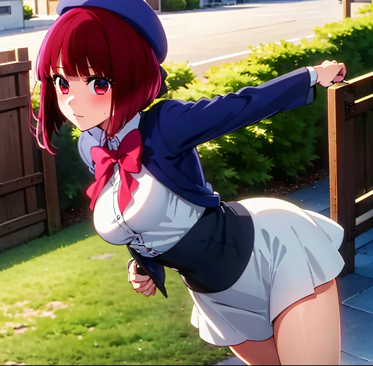 ((1girl)),((alone)), arima kana,(masterpiece), (best quality), (ultra detailed), (best illustration), (best shadow), (absurdities), sharp focus, cowboy shot , dynamic posture looking at the viewer, big breasts, narrow waist, wide hips, wide thighs, round butt, erotic, romantic, (very detailed eyes, lips 1.1), very detailed eyes, eyes, Very detailed face, Very beautiful face, height full, beautiful slim figure, femininity, expressive appearance, elastic small breasts, increased sexuality, short hair, red hair, beret, red eyes, , blue beret, red bow tie, collared shirt, blue jacket, open jacket, long sleeves , gray skirt, short skirt, white socks, brown loafers, bare thighs, defined body, perfect and beautiful body, perfect and beautiful, closed mouth, calm expression, blushing, (sexy pose: 1.2), ((only)), foot: 1.3, outdoor, school, garden, cherry trees, yard, looking forward ((focus on hips), point of view (from below), red blush, perfect anatomy, perfect hands,