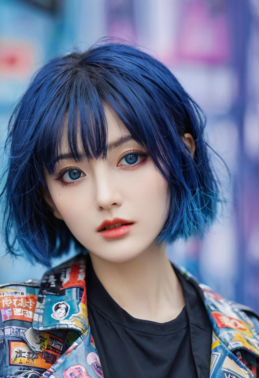 (masterpiece,detailed,high resolution:1.4) , Model photo, close up, detailed face, fine detailed eyes,, (Kirishima Touka),Blue medium hair,Ghoul Eyes,Vintage Jackets,Tokyo Ghoul,Retro futuristic background, Vibrant colors, HDR,, ,