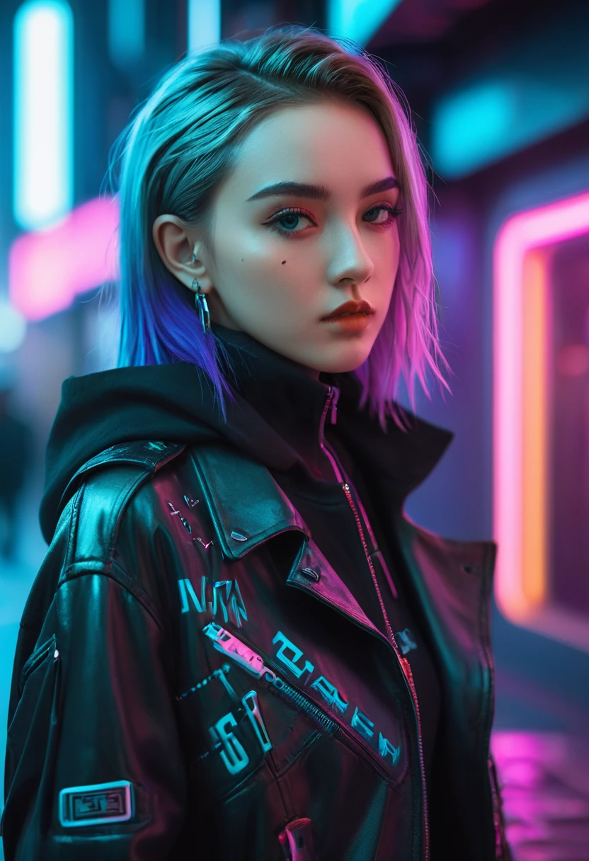 Wear sophisticated streetwear in a cyberpunk style, beautiful, girl, detailed portrait, 4K, Vibrant colors, Concept Art, cinematic dramatic atmosphere, Clear focus, Volumetric Lighting, light, Studio Quality