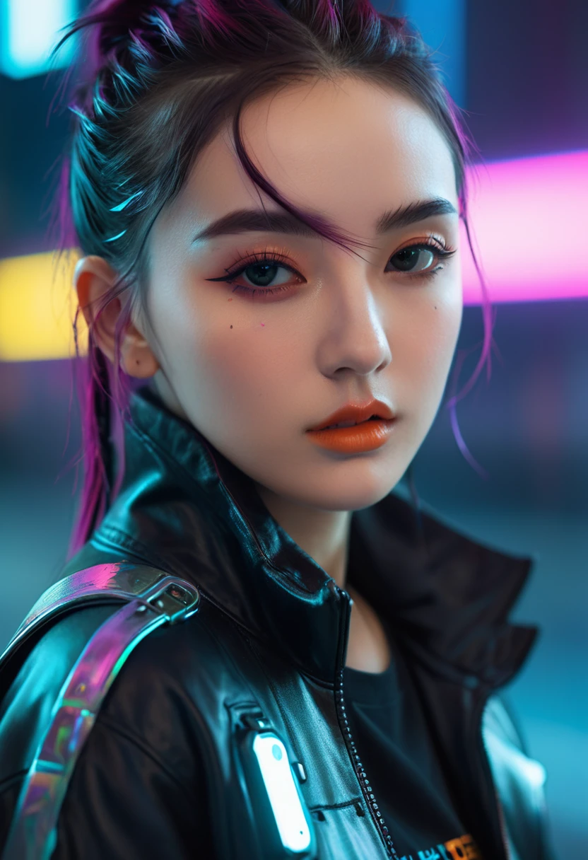 Wear sophisticated streetwear in a cyberpunk style, beautiful, girl, detailed portrait, 4K, Vibrant colors, Concept Art, cinematic dramatic atmosphere, Clear focus, Volumetric Lighting, light, Studio Quality