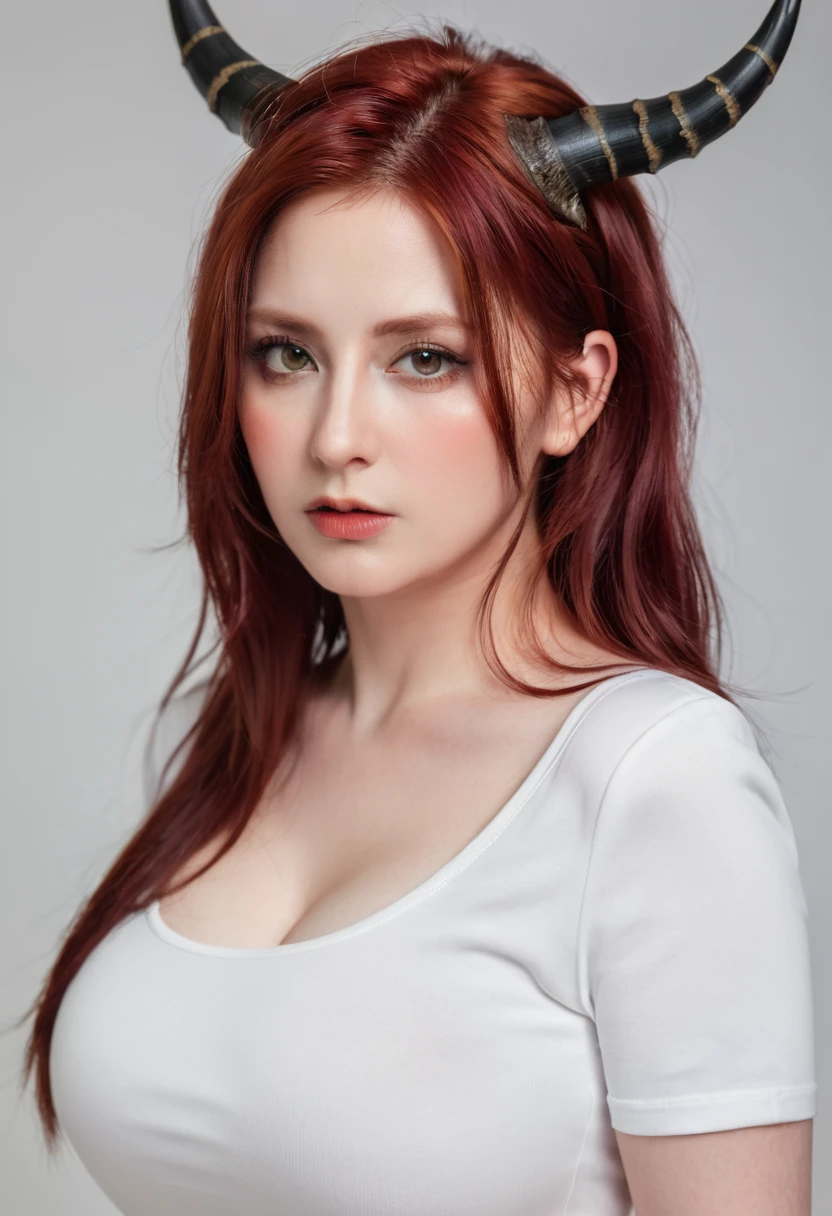 Very detailed, Seductive woman with horns, Tight shirt, (plump, The breasts are too big,Shirts always get torn, Red hair), Face-centered, Face Focus, Complex eyes,