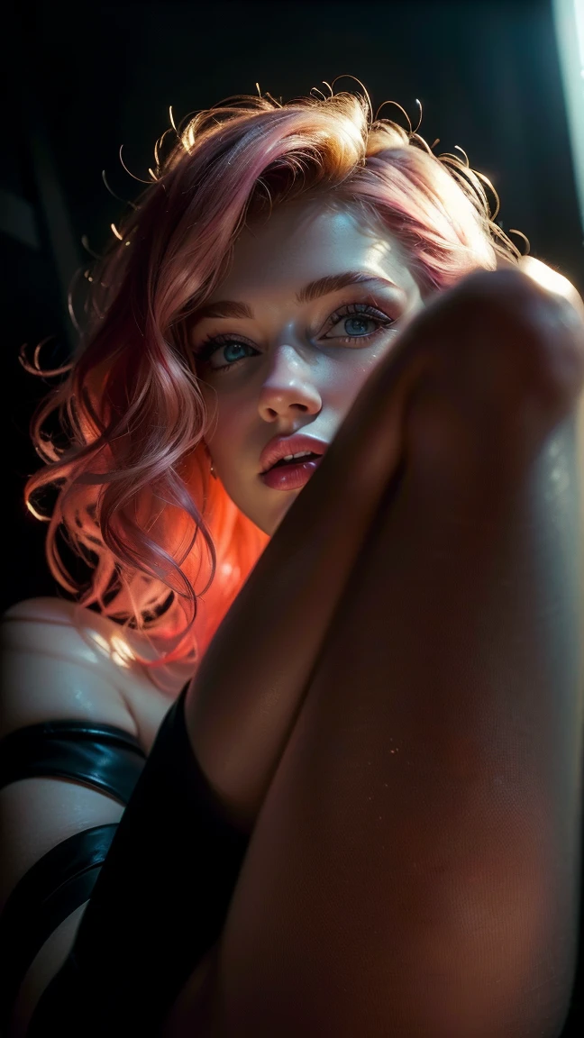 (((ultra realist))) photoshot, masterpiece, top quality, (pale skin), (ultra-detailed face and eyes:1.3), 1 girl, adult, In Lifchik, ((Eye make up, pink mascara)), ((size, Detailed Lips)), ((pink wavy hair)), ((stylish hairstyle)) , (Natural breasts), Slender waist. ((posing, Hand on face)), photoshot-Shooting, soft studio lighting, (The play of light and shadow), depth of field, bokeh, (special attention to skin details: 1.2), Detailed leather structure, Hautporen. (Warm atmosphere of the frame. Color scheme - black, yellow, metric tons), ((grunge style)) , DR, ((film grain)), ((Rays)), (glare), ((Legs up portrait, close to the camera)) , ultra detailed,