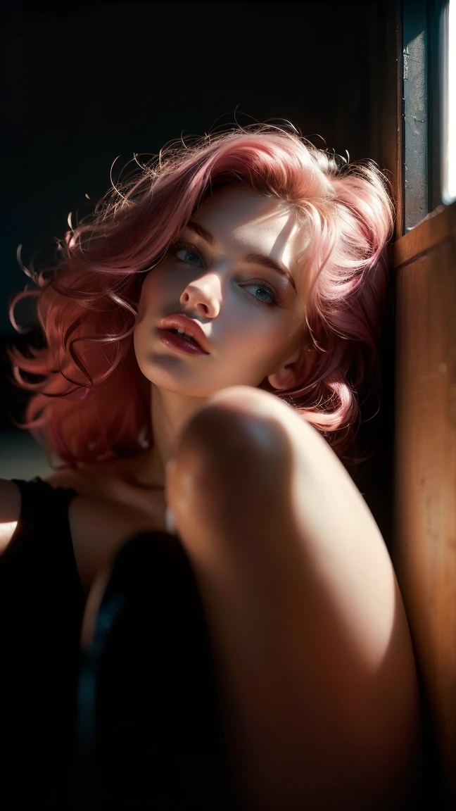 (((ultra realist))) photoshot, masterpiece, top quality, (pale skin), (ultra-detailed face and eyes:1.3), 1 girl, adult, In Lifchik, ((Eye make up, pink mascara)), ((size, Detailed Lips)), ((pink wavy hair)), ((stylish hairstyle)) , (Natural breasts), Slender waist. ((posing, Hand on face)), photoshot-Shooting, soft studio lighting, (The play of light and shadow), depth of field, bokeh, (special attention to skin details: 1.2), Detailed leather structure, Hautporen. (Warm atmosphere of the frame. Color scheme - black, yellow, metric tons), ((grunge style)) , DR, ((film grain)), ((Rays)), (glare), ((Legs up portrait, close to the camera)) , ultra detailed,