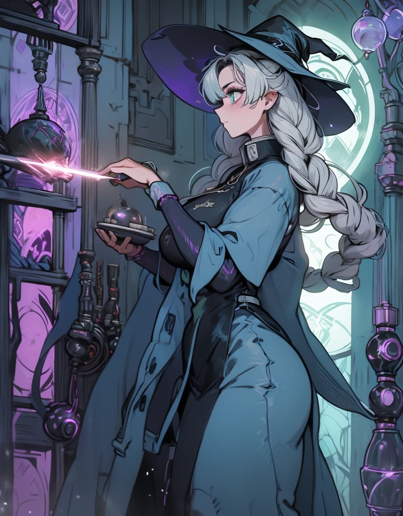 depicts a modern-day witch who has embraced the world of cybernetics to enhance her magical abilities. The artwork should convey the enchanting blend of traditional witchcraft and futuristic technology. Here are some specific elements to include: The Witch's Lair: The setting should be a cozy yet slightly eerie room, filled with magical books, crystal balls, potion ingredients, and antique furnishings. The room should be dimly lit by candles and a soft, mystical glow emanating from her cybernetic enhancements. The Cyborg Witch: The central focus of the artwork is the witch herself. She's a striking figure with a mix of traditional witch attire and cybernetic enhancements. Her clothing should have a witchy, occult aesthetic, with flowing robes, a pointed hat, and an intricate pentagram necklace. Her arms, however, have been upgraded with cybernetic components that incorporate magical symbols and glowing runes. Magical Interface: The witch is in the midst of casting a spell, with a holographic, touch-screen interface floating before her. This interface includes spell incantations, arcane symbols, and digital components, demonstrating her fusion of magic and technology. Spell Ingredients: On a nearby table, there should be a collection of spell ingredients, like herbs, potions, and magical artifacts. Some of these items may have been modified with cybernetic enhancements, blurring the line between the natural and the technological. Familiar: The witch's familiar, perhaps a cat or raven, should be present in the scene, serving as her magical companion. The familiar could also have subtle cybernetic enhancements or glowing eyes. Glowing Runes: The room should be adorned with ancient symbols and glowing runes on the walls and floor, contributing to the magical atmosphere. Aetherial Lighting: Use a combination of mystical, ethereal lighting and cybernetic glows to create a captivating interplay of light and shadow. The contrast between the tradit