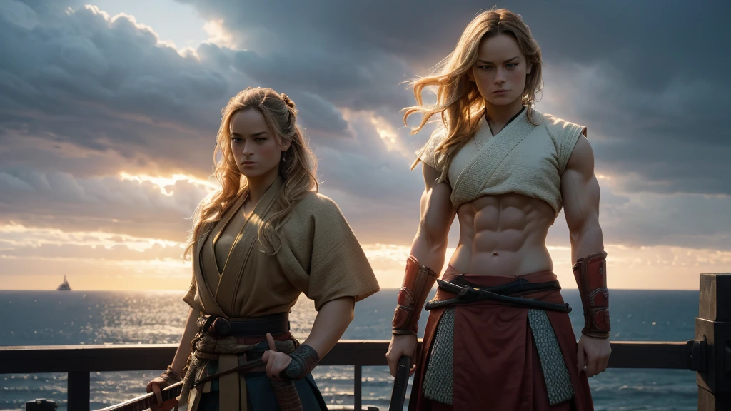 brie larson is a samurai with the perfect feminine heavyweight  bodybuilder physique  dressed like a samurai, standing atop a building looking out to the sea., showing abs and arms, showing thights, her body is the most enticiing one as she looks into the camera, while we see her whole body. at dawn, in winter, Northern Europe, masterpiece detailed face, ultra realistic