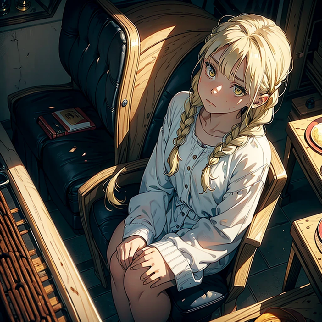 A woman, 20 years, by the wide, by white, honey yellow eyes, small braids in her hair, chest a little big, beautiful body, fearful eyes, shy facial and body expressions, sloppy clothes, full body, sitting in an armchair, view from above, suspicious, fearful.