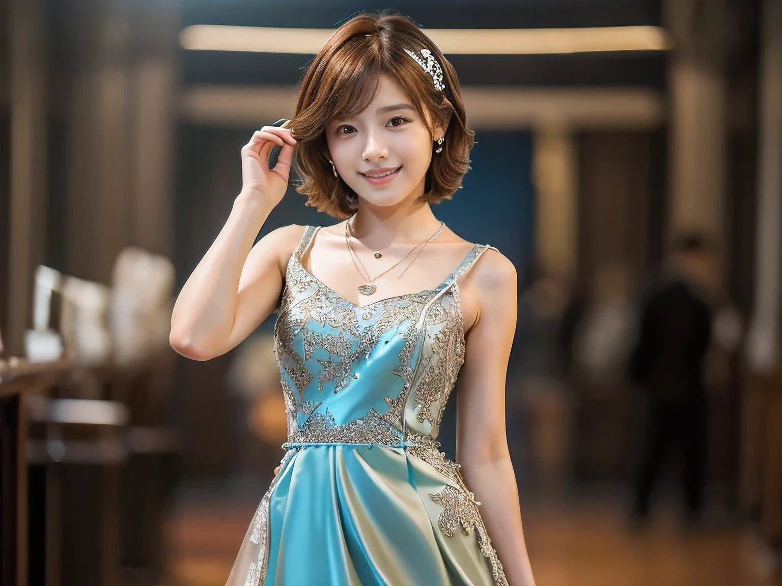 Female teacher teaching in classroom、(An 18-year-old woman:1.5)、(Gentle smile:1.2)、(The best quality at its best:1.4), (Super detailed), (Very detailed CG unified 16k), Beautiful woman with perfect figure: 1.4, Sharp focus: 1.2, Very detailed, High-quality RAW color photos, Professional photography, Great face and eyes, cosmetics, (Amazingly beautiful girl), ((Formal party dress:1.5)), (View from below), Realistic movie faces, Full body long view from head to toe, Realistic, ((Realistic natural orange red hairstyle)), ( Short Bob Hair:1.5), (necklace:1.5)、, Very beautiful face, Perfect model beauty, Mouth swelling, Highly detailed face and skin texture, Fine grain, double eyelid, Medium chest, smile, (masterpiece), highest quality, High resolution, Very detailed, Blurred Background, Depth of written boundary, Cinema Lighting, Great legs, , Clear, well-maintained skin,((Full body shot from head to toe:1.5))