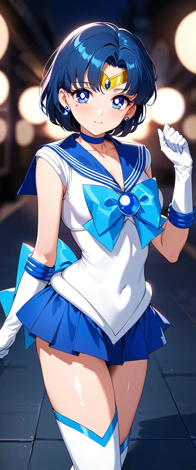 (Perfect Anatomy)、Mastepiece、Ultra High Quality、 8k、masterpiece、Highest quality、Ultra-high resolution、Maximum resolution、Very detailed、Professional Lighting、anime、woman、thin、Very beautiful face、Very beautiful eyes、(Highly detailed eye)、Highly detailed face、Sailor Mercury、tiara、Sailor Warrior Uniform、Blue Skirt、Blue sailor collar、Knee Boots、choker、White gloves、blue choker、jewelry、Earrings、Pleated skirt, gloves