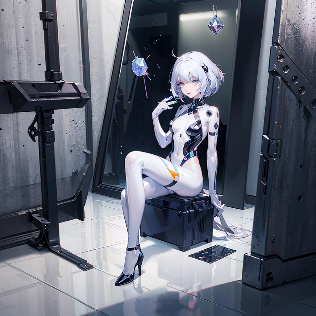 robot girl looking at herself in a mirror, shattered crystals around, white background, white floor, pilars on background, latex body