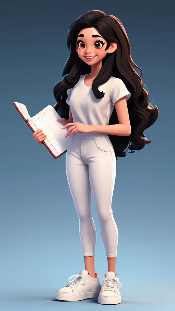 3D characters, girl, (whole body: 1.2), black hair, big hair, straight hair, dark brown eyes, white shirt, black pants, sneakers, holding a notebook, smiling, simple background, work of art, best quality, (blue gradient background :1.1)