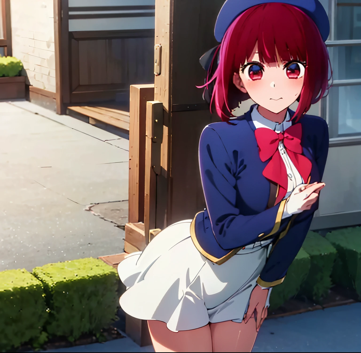 ((1girl)),((alone)), arima kana,(masterpiece), (best quality), (ultra detailed), (best illustration), (best shadow), (absurdities), sharp focus, cowboy shot , dynamic posture looking at the viewer, , narrow waist, wide hips, wide thighs, round butt, erotiomantiry detailed eyes, lips 1.1), very detailed eyes, eyes, Very detailed face, Very beautiful face, height full, beautiful slim figure, femininity, expressive appearance, elastic small breasts, increased se, short hair, red heret, red eyes, , blue beret, red bow tie, collared shirt, blue jacket, open jacket, long sleeves , gray skirt, short skirt, white socks, brown loafers, bare thighs, defined body, perfect and beautiful body, perfect and beautiful, closed mouth, calm expression, blushing, (sexy pose: 1.2), ((solo)), foot: 1 outdoor, school, garden, cherry trees, yard, looking forward ((focus on thighs), point of view (from below), red blush, perfect anatomy, perfect hands,