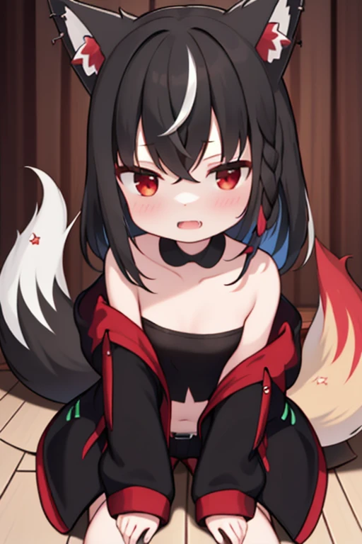 masterpiece, Highest quality, High resolution, wonderful, low-tied long hair, Black Hair, Red eyes, clavicle, black jacket, fox ear, fox tail, Red ear hair, multicolored hair, multicolored tail, red streaks, Red and black tail, sitting on floor,