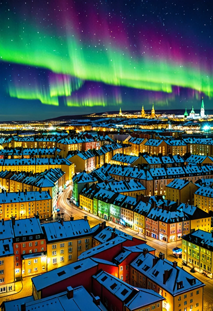 Colorful aurora borealis reaching city on Earth by solar flare, view from the city ground to the sky, solar flare Professional photography, bokeh, natural lighting, canon lens, shot on dslr 64 megapixels sharp focus