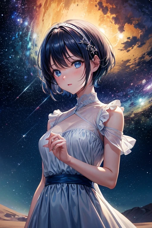 (girl,anime),observatory,surprised,Shining Star,Night Sky,Beautiful views,Awe-inspiring,surprise,surprise,Expressive blue eyes,Short Hair,silhouette,peaceful,quiet,Calm,Soft colors,Gentle lighting,Stargazing,Sharp details [figure],dream-like,A fantastic atmosphere,Emotional connection,Fantasy World,Magic,delicate beauty,Not working,Soak in the moment,Magnificent View,Charmed,Starry Night,Fascinated by space,Bright constellations,Amazing sight,Breathtakingly beautiful,Vast desert
