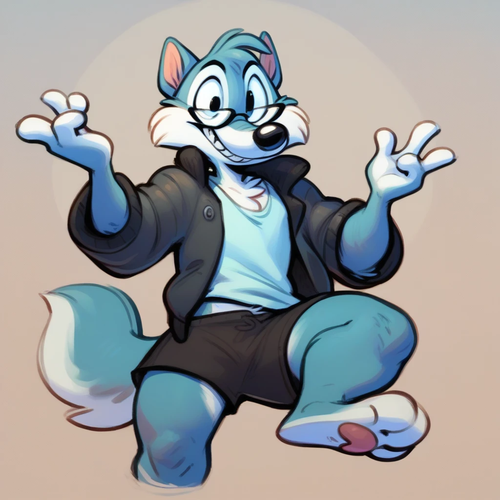 anthro, solo, mammal, clothing, male, detailed background, smile, eyewear, fur, clothed, topwear, glasses, canid, canine, grey body, grey fur, toony, blue body, bottomwear, biped, black nose, black shorts, thick thighs, feet, wolf, 4 fingers, fingers, gesture, canis, shirt, teeth, barefoot, toes, facial tuft, tuft, cheek tuft, jacket, tiny toons style,