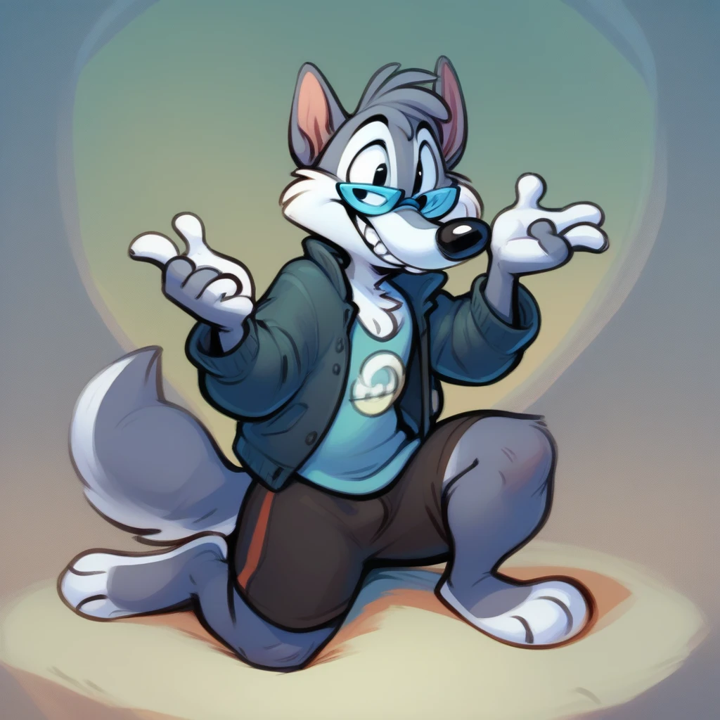 anthro, solo, mammal, clothing, male, detailed background, smile, eyewear, fur, clothed, topwear, glasses, canid, canine, grey body, grey fur, toony, blue body, bottomwear, biped, black nose, black shorts, thick thighs, feet, wolf, 4 fingers, fingers, gesture, canis, shirt, teeth, barefoot, toes, facial tuft, tuft, cheek tuft, jacket, tiny toons style,
