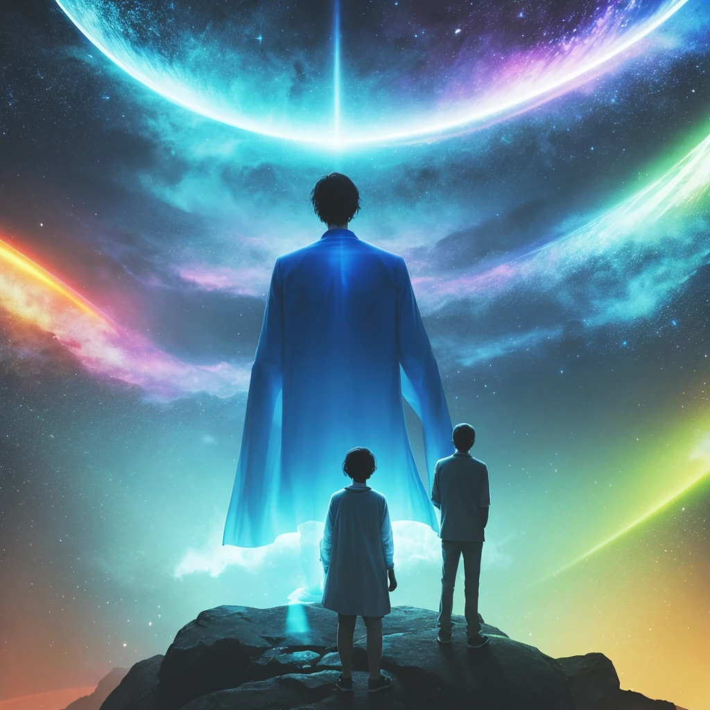 Person standing with mentor in spirit behind with more translucent spectrum with bluish aura