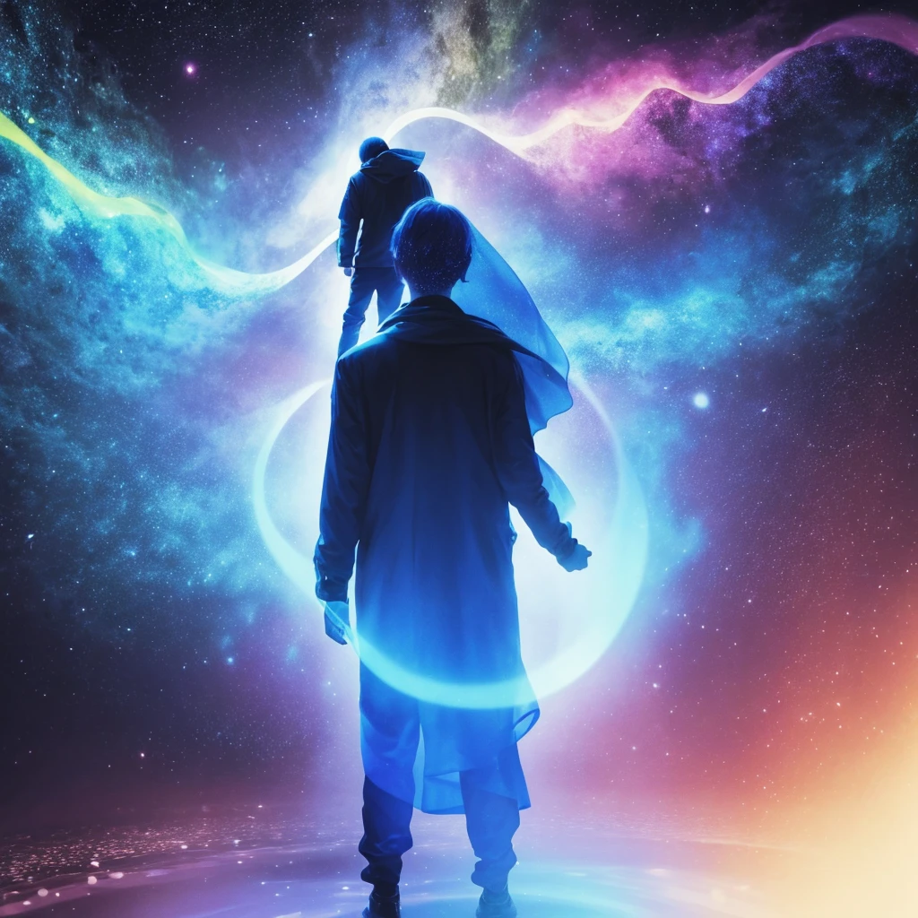 Person standing with mentor in spirit behind with more translucent spectrum with bluish aura