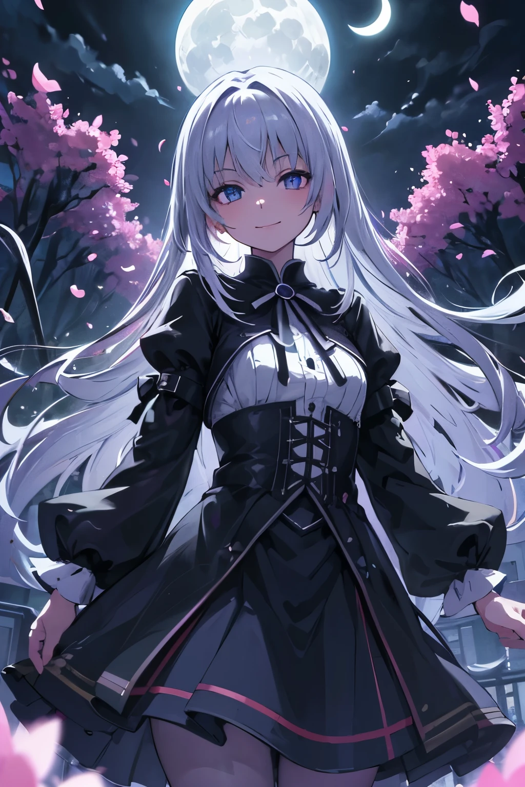masterpiece, Highest quality,, One girl, (colorful),(Beautifully detailed eyes and face),cinematic Lighting,Bust Shot,Highly detailed CG Unity 8k wallpaper,Gray Hair,alone,smile,Complex skirt,((Flying petals)),(Flowery meadow), null, cloudy_null, building, moonLight, moon, night, (Dark Theme:1.3), Light, Fantasy,