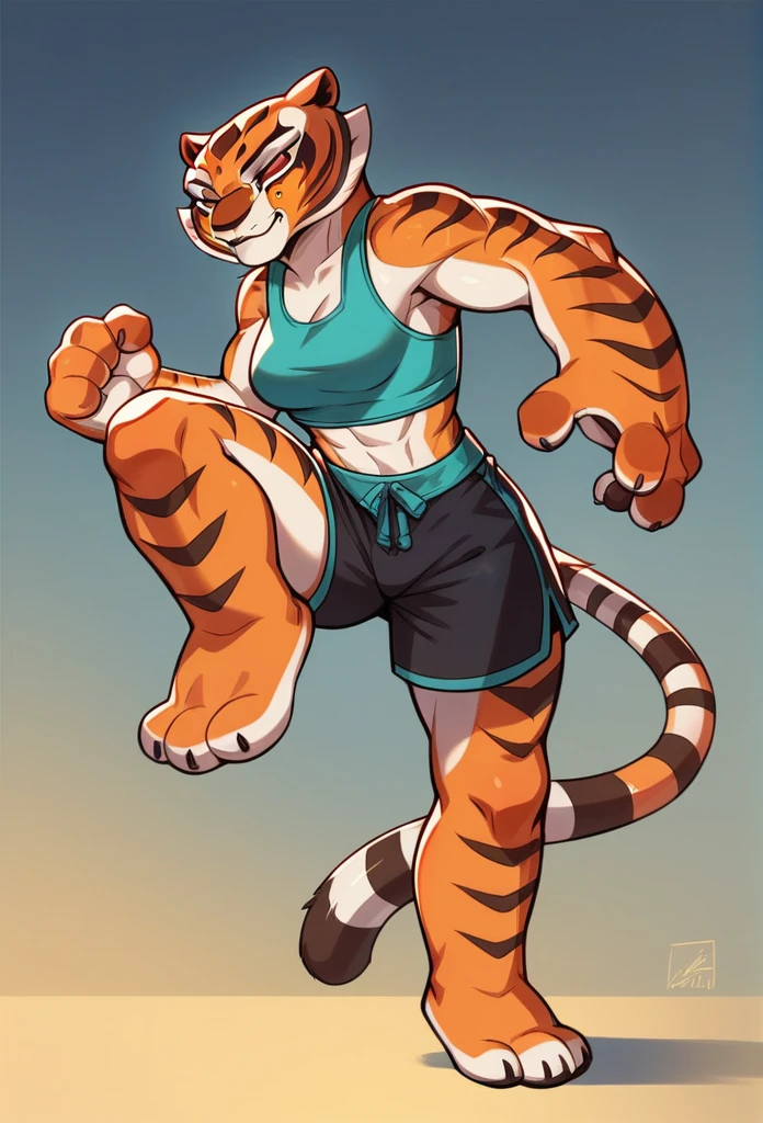 Kung Fu Panda, Master Tigress, Pose, Yoga, wearing black shorts,