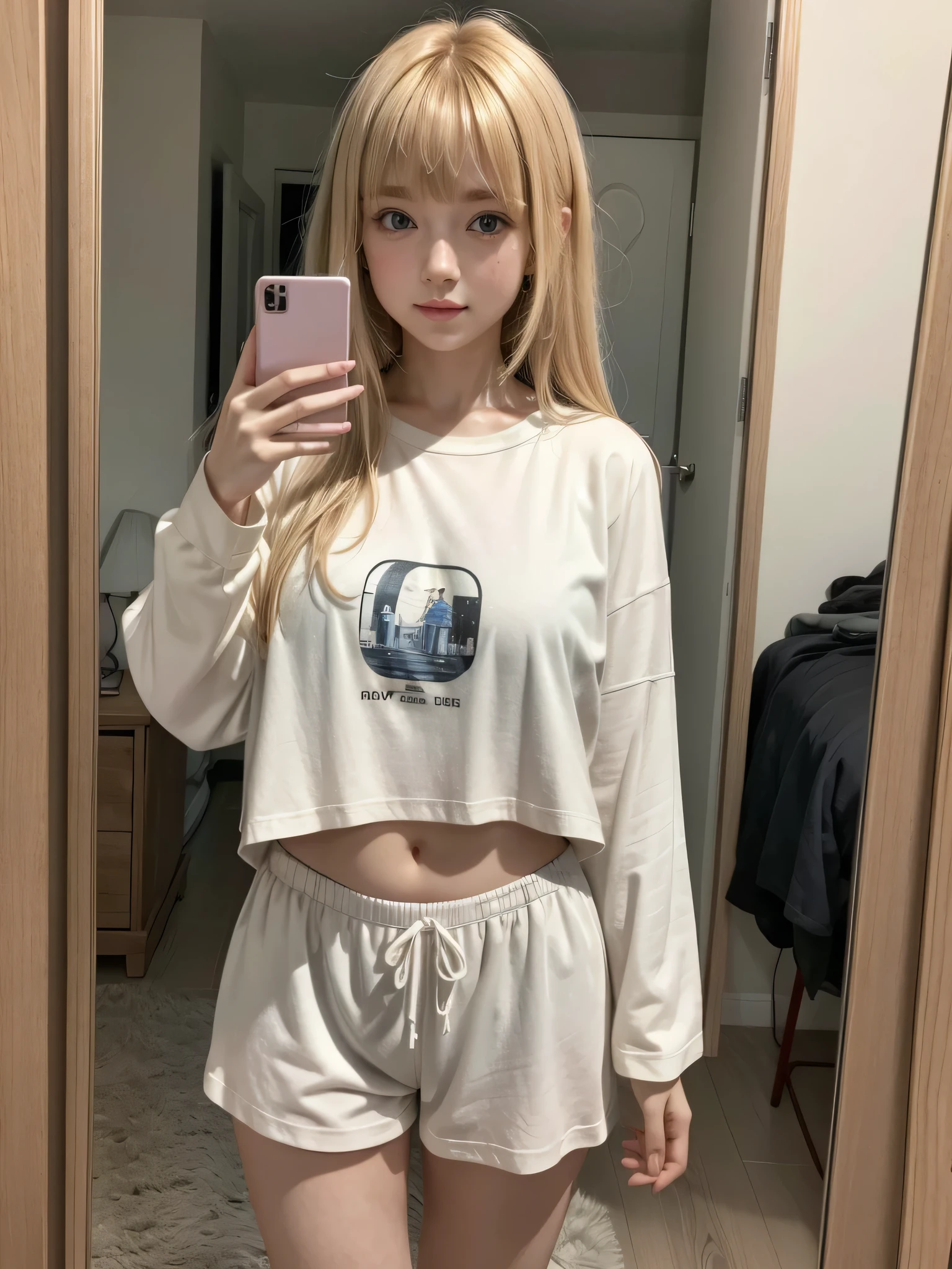 A girl with big blonde hair, short bangs, she is taking a photo in front of the mirror with her cell phone, She is wearing short pajamas that show her thin belly, ela veste um t-shirt