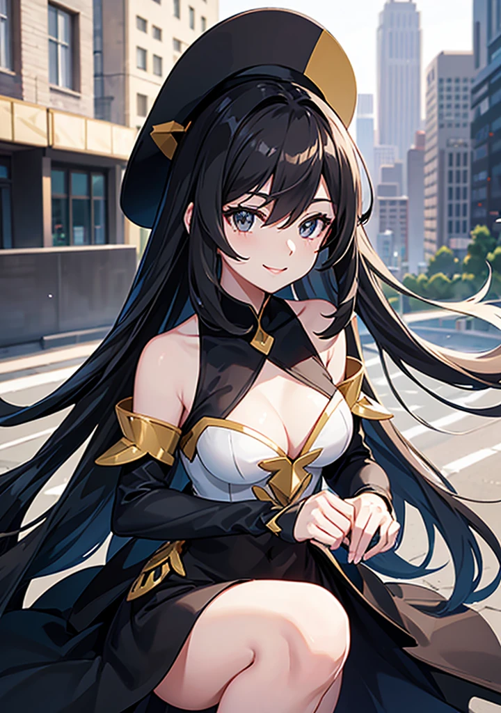 Cythia from Pokémon, black dress, by rubio, grey eyes, smile, White skin, city background, day, black hat, masterpiece, good quality, beautiful,