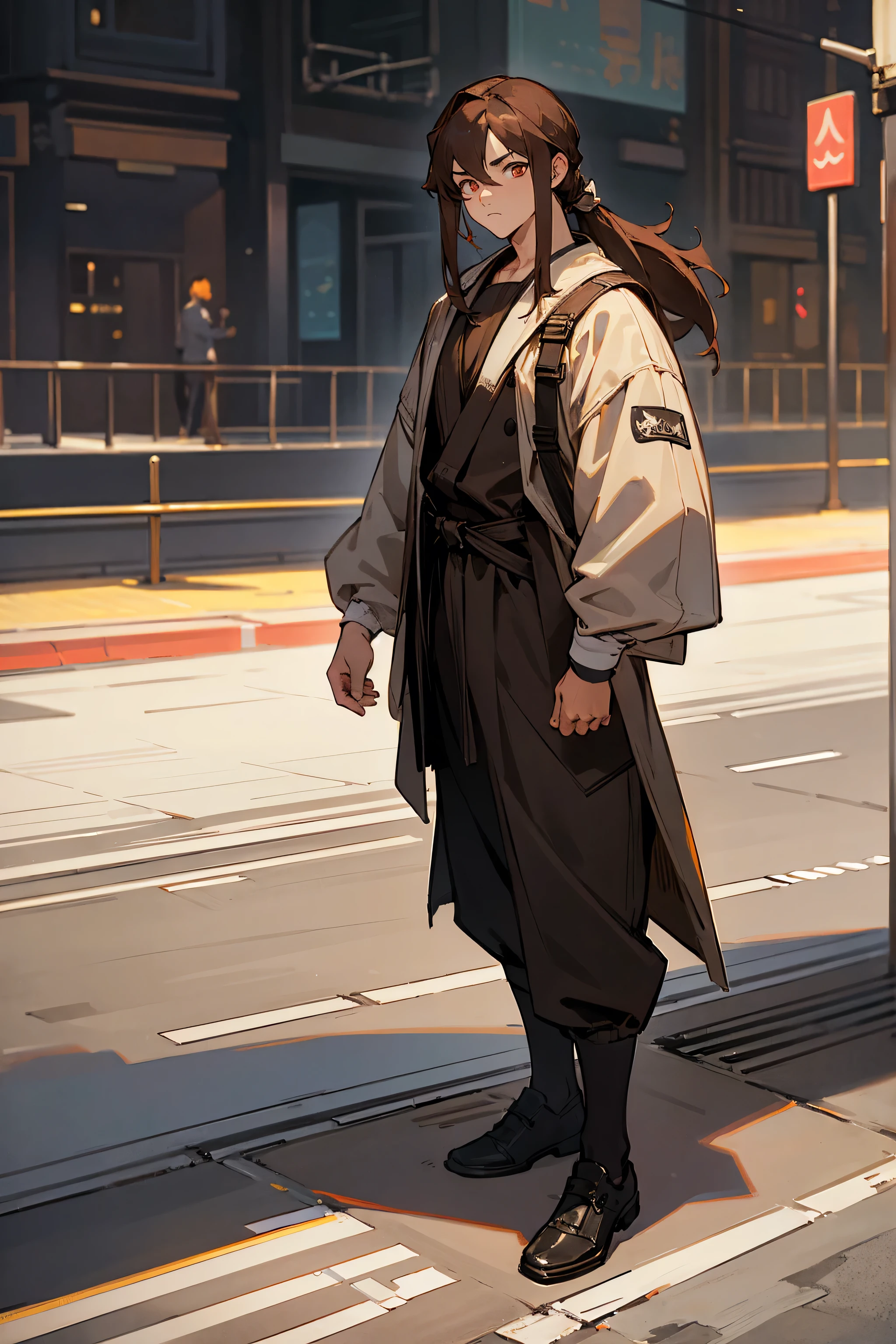 Masterpiece Quality, Perfect Generation, Sclera, Detailed Eyes, Skin, Hair, Muscular, Street Clothing, Tired Expression, , City Background, Full Body, Skin, , , , facing viewer, Standing Outside, Clothed, , Eyes, hair, male, mullet, brown hair