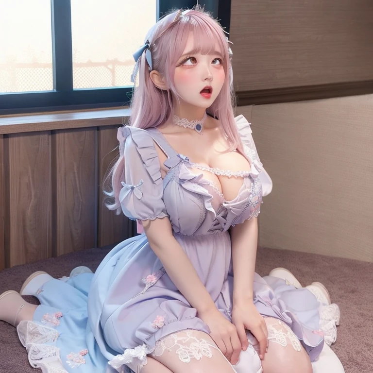 Soft pastel dresses　Fine lace and embroidery. Fluffy long hair tied up loosely.、corolla　Pale blue or pink、White or pastel colored long dress　first round　brainwashing　defeat　yield　Prostration　Princess　Big Breasts　clear　incontinence　Peeing　Loss double piece ahegao