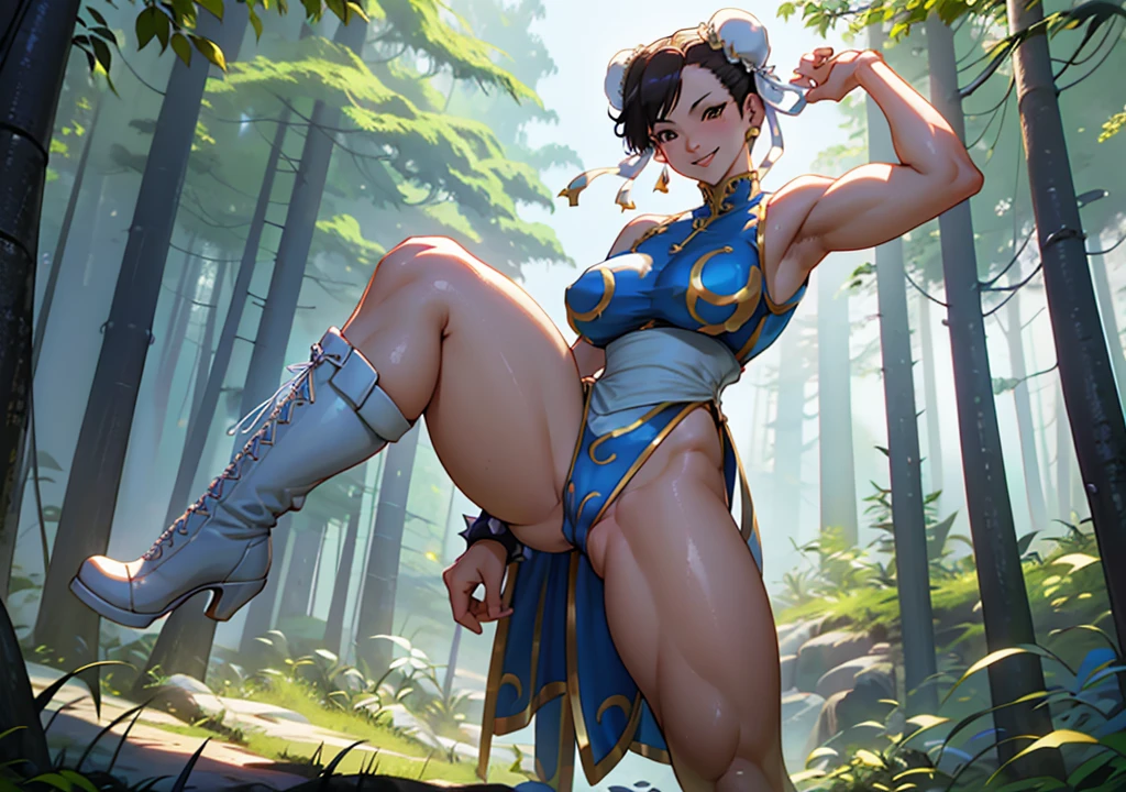 Chun li, showing armpits and pussy half naked. Smiling, full body, white boots. Iphone wallpaper, forest background. 