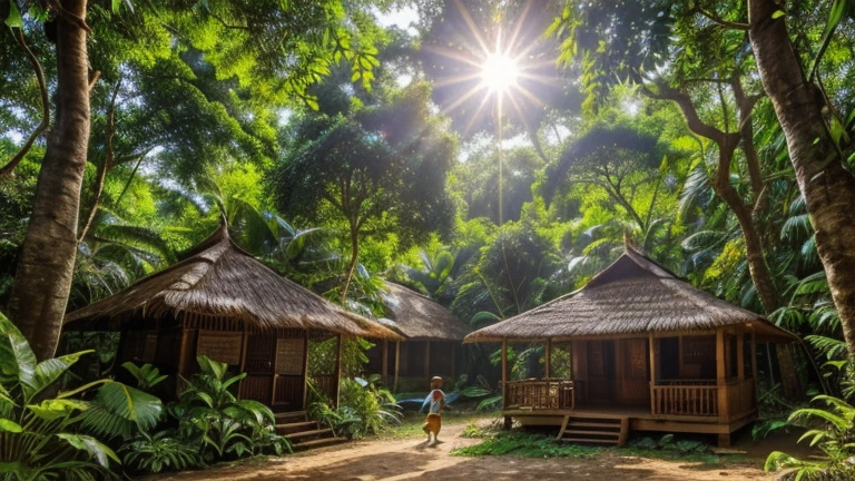 "(An Indian Village un A lush, vibrant jungle scene with dense trees, colorful flowers, and various playful animals. The sun is shining through the canopy, creating a serene and inviting atmosphere. Children's are playing. Wide angle scene.)"