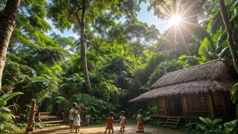 "(An Indian Village un A lush, vibrant jungle scene with dense trees, colorful flowers, and various playful animals. The sun is shining through the canopy, creating a serene and inviting atmosphere. Children's are playing. Wide angle scene.)"
