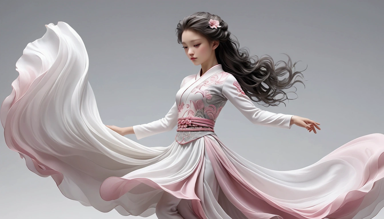 Dance photography;A dancer,Solitary;A dancing girl;Chinese-style skirt,Gray pink and white gradient,Traditional style,Smudged skirt hem;The movements of the dance;elegant,Flexible skirt;Long hair,Long hair披肩。Full body panorama 1.5,front; Simple style;Minimalism。White background,Pure white background;Panoramic photography;Depth of Field, Extraordinary details, masterpiece, high quality, 4K,cinematic lighting, motion blur, depth of field, sparkle, ray tracing, reflection light, anatomically correct, uhd, textured skin, best quality, super detail, highres, high details, accurate, high quality, award winning
