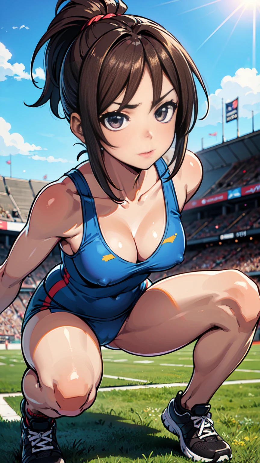 highs quality, Super-resolution, 4K, anime, 1girl, solo, running wear, Athletics, Crouching Start posing, looking at viewer, ponytail, tanned skin, dark brown hair, Athletics background, sky, breasts, cleavage, close up face, small breasts, athlete, 