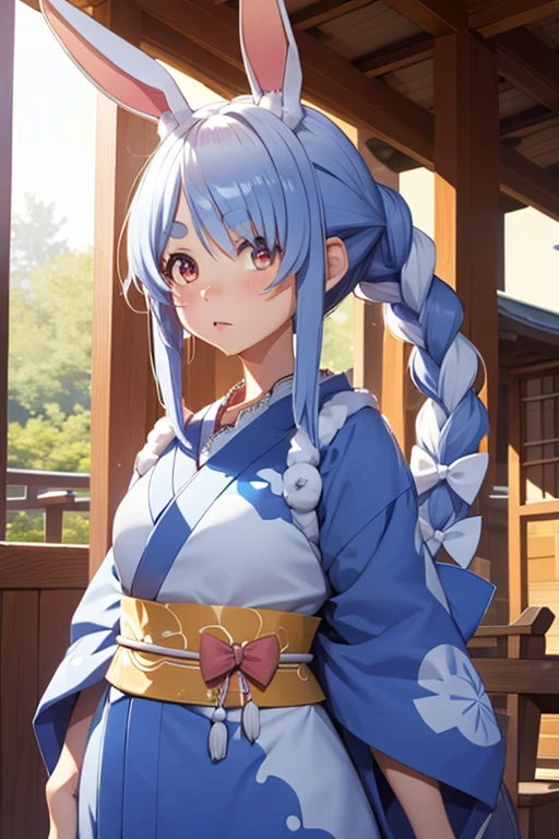 One Girl、Blue Hair、Rabbit Ears、Braid、usadapakora,kimono、shrine