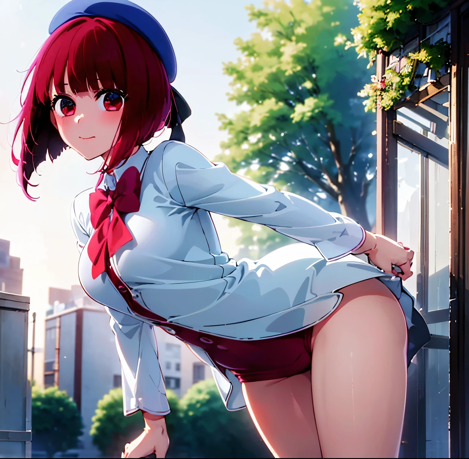 ((1girl)),((alone)), arima kana,(masterpiece), (best quality), (ultra detailed), (best illustration), (best shadow), (absurdities), sharp focus, cowboy shot , dynamic posture looking at the viewer, big breasts, narrow waist, wide hips, wide thighs, round butt, erotic, romantic, (very detailed eyes, lips 1.1), very detailed eyes, eyes, Very detailed face, Very beautiful face, height full, beautiful slim figure, femininity, expressive appearance, elastic small breasts, increased sexuality, short hair, red hair, beret, red eyes, , blue beret, red bow tie, collared shirt, blue jacket, open jacket, long sleeves , gray skirt, short skirt, white socks, brown loafers, bare thighs, defined body, perfect and beautiful body, perfect and beautiful, closed mouth, calm expression, blushing, (sexy pose: 1.2), ((solo)), foot: 1.3, outdoor, school, garden, cherry trees, yard, looking forward ((focus on thighs), point of view (from below), red blush, perfect anatomy, perfect hands,