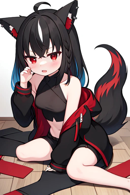 masterpiece, Highest quality, High resolution, wonderful, low-tied long hair, Black Hair, Red eyes, clavicle, black jacket, fox ear, fox tail, Red ear hair, multicolored hair, multicolored tail, red streaks, Red and black tail, sitting on floor, claw pose,