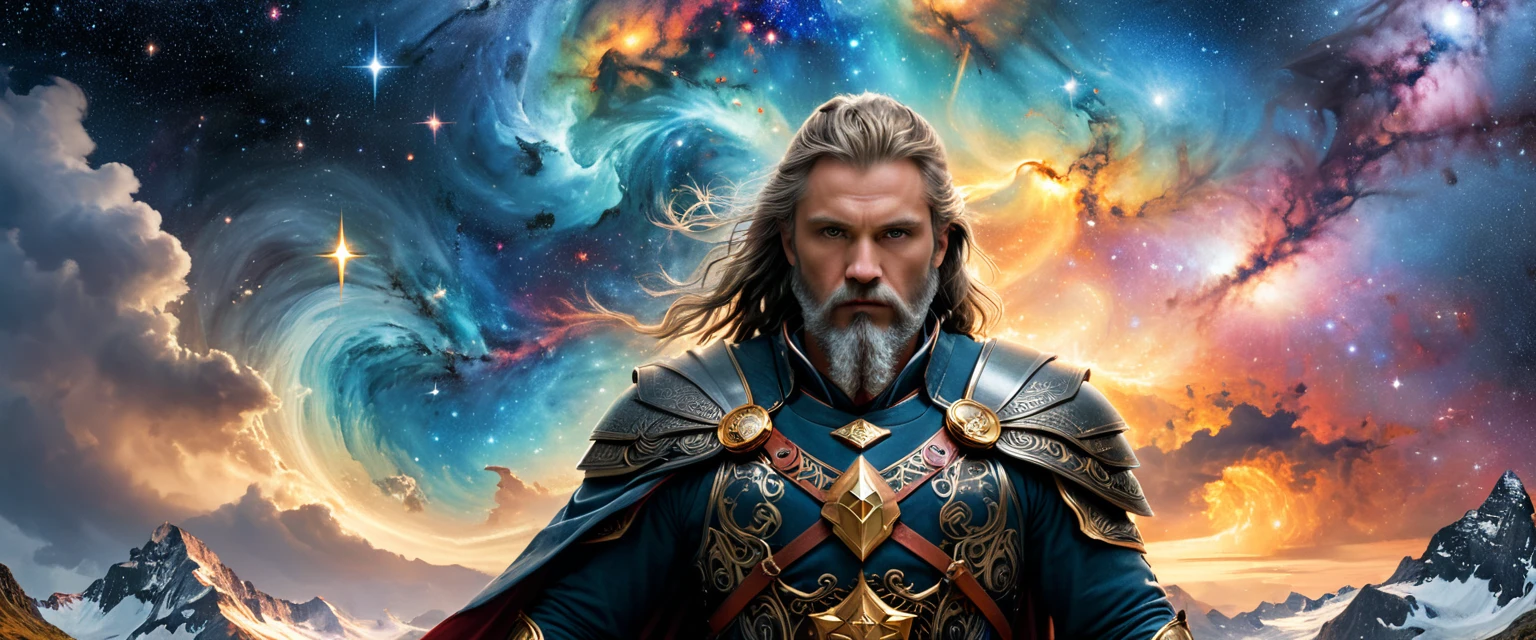 god Odin from Scandinavian mythology, centered, full body, symmetry, painted, intricate, volumetric lighting, beautiful, rich deep colors masterpiece, sharp focus, ultra detailed, in the style of dan mumford and marc simonetti, astrophotography