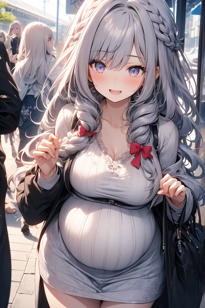 Young Girls, Red silver hair, Pink Eyes,Beautiful and delicate eyes, Huge Breasts, Long hair,European braid hairstyle, a happy expression, White shirt,White Blazer, Black mini skirt, (cherry blossom garden )，Pregnant