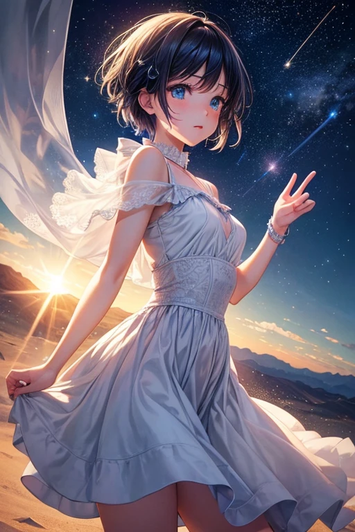 (girl,anime),observatory,surprised,Shining Star,Night Sky,Beautiful views,Awe-inspiring,surprise,surprise,Expressive blue eyes,Short Hair,silhouette,peaceful,quiet,Calm,Soft colors,Gentle lighting,Stargazing,Sharp details [figure],dream-like,A fantastic atmosphere,Emotional connection,Fantasy World,Magic,delicate beauty,Not working,Soak in the moment,Magnificent View,Charmed,Starry Night,Fascinated by space,Bright constellations,Amazing sight,Breathtakingly beautiful desert