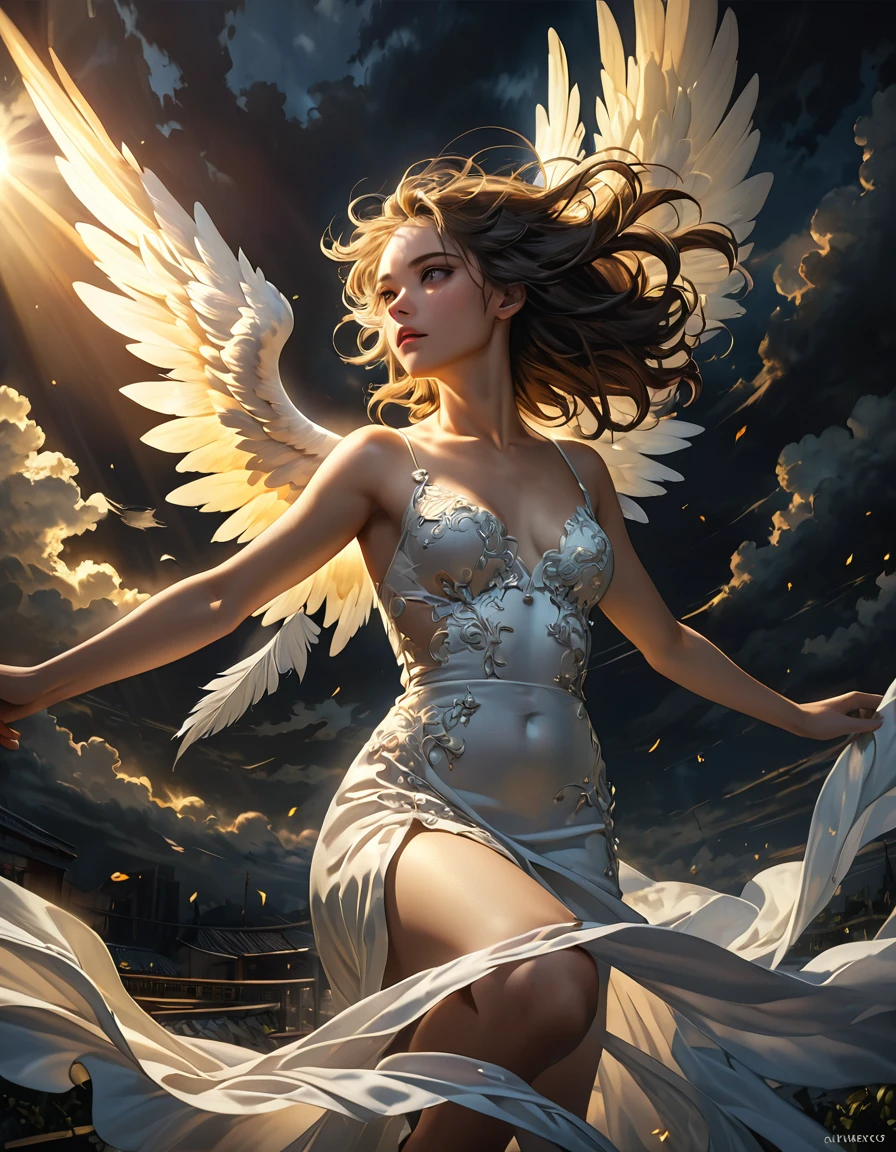 a beautiful angel falling from heaven, dark clouds piercing the sky, sunlight breaking through, highly detailed, intricate, dramatic, cinematic, oil painting, masterpiece, photorealistic, 8k, chiaroscuro, dramatic lighting, vibrant colors, ethereal, heavenly, epic scale