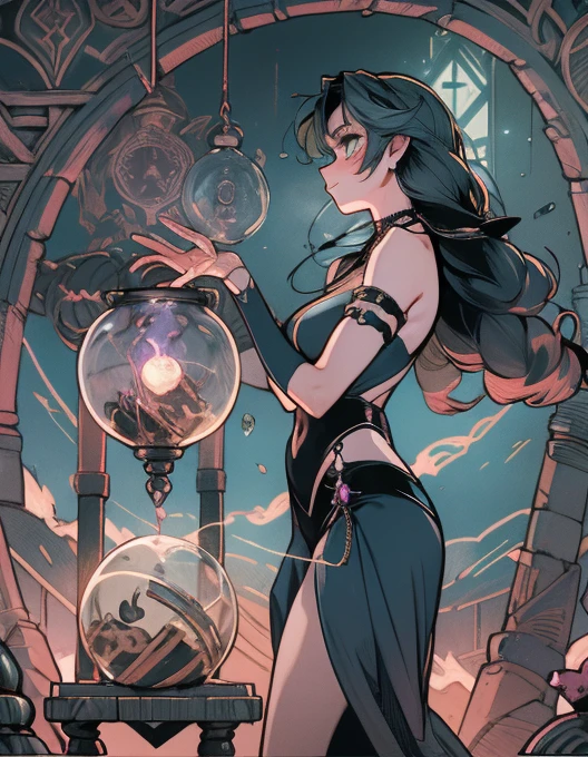 depicts a modern-day witch who has embraced the world of cybernetics to enhance her magical abilities. The artwork should convey the enchanting blend of traditional witchcraft and futuristic technology. Here are some specific elements to include: The Witch's Lair: The setting should be a cozy yet slightly eerie room, filled with magical books, crystal balls, potion ingredients, and antique furnishings. The room should be dimly lit by candles and a soft, mystical glow emanating from her cybernetic enhancements. The Cyborg Witch: The central focus of the artwork is the witch herself. She's a striking figure with a mix of traditional witch attire and cybernetic enhancements. Her clothing should have a witchy, occult aesthetic, with flowing robes, a pointed hat, and an intricate pentagram necklace. Her arms, however, have been upgraded with cybernetic components that incorporate magical symbols and glowing runes. Magical Interface: The witch is in the midst of casting a spell, with a holographic, touch-screen interface floating before her. This interface includes spell incantations, arcane symbols, and digital components, demonstrating her fusion of magic and technology. Spell Ingredients: On a nearby table, there should be a collection of spell ingredients, like herbs, potions, and magical artifacts. Some of these items may have been modified with cybernetic enhancements, blurring the line between the natural and the technological. Familiar: The witch's familiar, perhaps a cat or raven, should be present in the scene, serving as her magical companion. The familiar could also have subtle cybernetic enhancements or glowing eyes. Glowing Runes: The room should be adorned with ancient symbols and glowing runes on the walls and floor, contributing to the magical atmosphere. Aetherial Lighting: Use a combination of mystical, ethereal lighting and cybernetic glows to create a captivating interplay of light and shadow. The contrast between the tradit