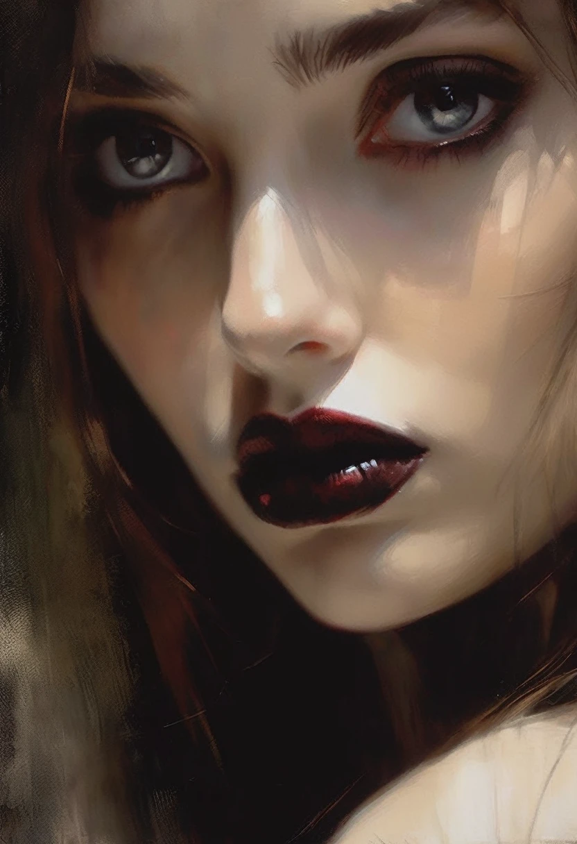 colored ink painting style of Casey Baugh, an award-winning painting, an impressive of the face of a skinny Gothic woman that captivates the viewer. Her pale, porcelain-like skin appears almost supernatural, while her dark eyes exude depth and penetration. The fine details of her face are accentuated by the interplay of light and shadow, highlighting her distinctive features. The dark lips lend a mysterious sensuality to her expression. This close-up captures the intensity and captivating allure of Gothic aesthetics in a single moment close-up, complete face, skinny, Gothic, woman style of Casey Baugh, an award-winning colored, ultra HD, 8 k, cleavage, sexy, breast, crying
