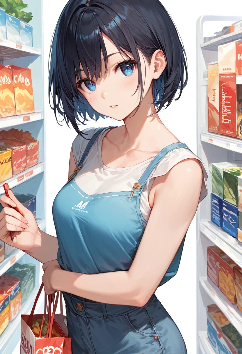 score_9, score_8_up, score_7_up,source_anime, high res image,masterpiece,best quality,girl,cute face,clear skin,simple background,black hair,short hair,blue eyes,shopping clothes,