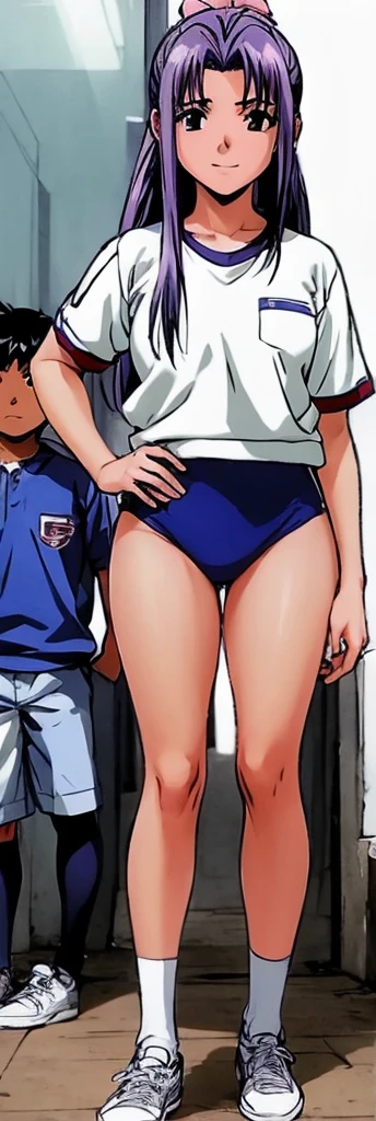Momoko Koigakubo, a tall girl with beautiful legs, is standing with a smile on her face in a white gym uniform and light navy blue bloomers that look like panties.。Momoko Koigakubo is holding a boy in a jersey。