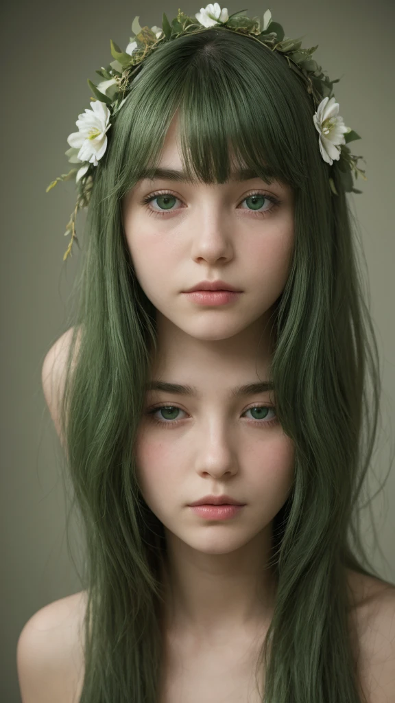 a girl. Europe. Extremely detailed face. Oval face. delicate facial features. half-closed eyes. long straight hair. messy hair. bangs. green hair. green eyes. wreath on head. afraid. shy. straight face
