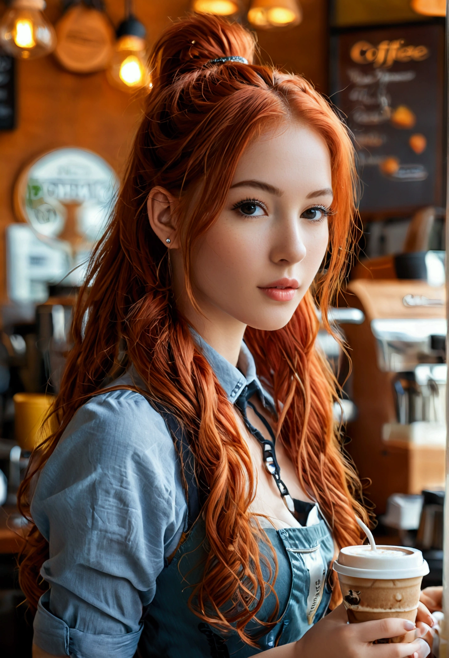 ultra realistic, photography, long red hair, girl, 24 years old, hourglass figure, perfect body, Flirty look, natural breasts, blur background, working at a coffee shop, barista outfit, hair in ponytail, writing something on a coffee cup