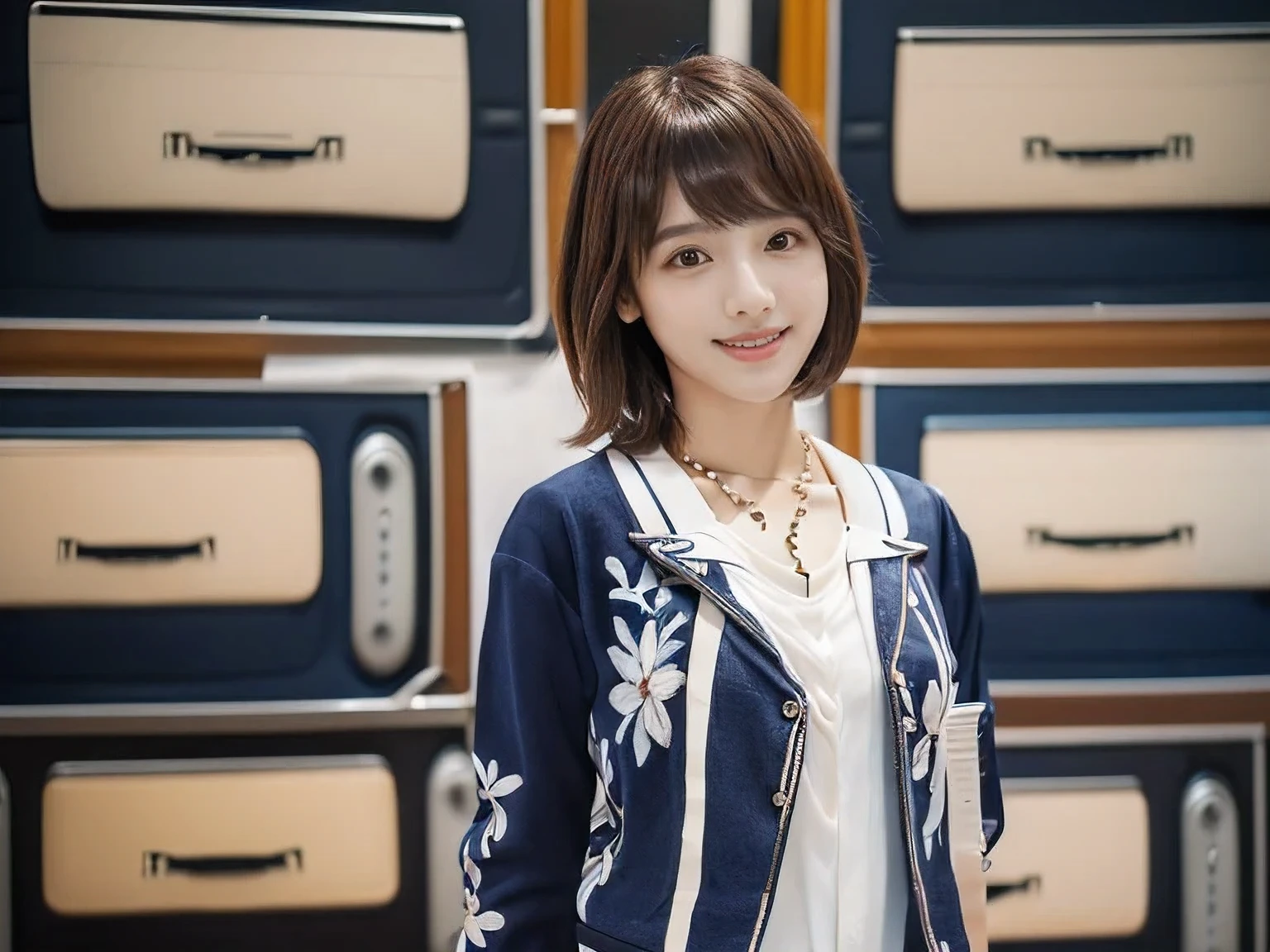 (A female teacher teaching a class in front of a school blackboard:1.5)、(A kind smile:1.5)、(A cute 20 year old woman:1.5)、(The best quality at its best:1.4), (Super detailed), (Very detailed CG unified 16k), Beautiful woman with perfect figure: 1.4, Sharp focus: 1.2, Very detailed, High-quality RAW color photos, Professional photography, Great face and eyes, cosmetics, (Amazingly beautiful girl), ((Navy blue jacket and white blouse:1.5)), Realistic movie faces, Full body long view from head to toe, Realistic, ((Realistic natural orange red hairstyle)), ( Short Bob Hair:1.5), (necklace:1.5)、, Very beautiful face, Perfect model beauty, Mouth swelling, Highly detailed face and skin texture, Fine grain, double eyelid, Medium chest, (masterpiece), Highest quality, High resolution, Very detailed, Blurred Background, Depth of written boundary, Cinema Lighting, Great legs, , Clear, well-maintained skin,((Full body shot from head to toe:1.5))