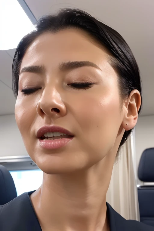 One Girl,Flying debris,,Award-winning photo, Very detailed, Edge Orgasm,Face Focus, (Woman with open mouth and closed eyes ), 30 years old、Black Hair、Glowing Skin、Face close-up,From below、Realistic nostrils、Long and narrow nasal cavity,、train、(train車内,By the window)、congestion、Are standing、((suit))、Big Breasts、(Sharp Nose)Grimacing performance:1.4, concept,teeth,performance,facial performances,Grimacing,Lift your head、Staring at the audience,eyeball