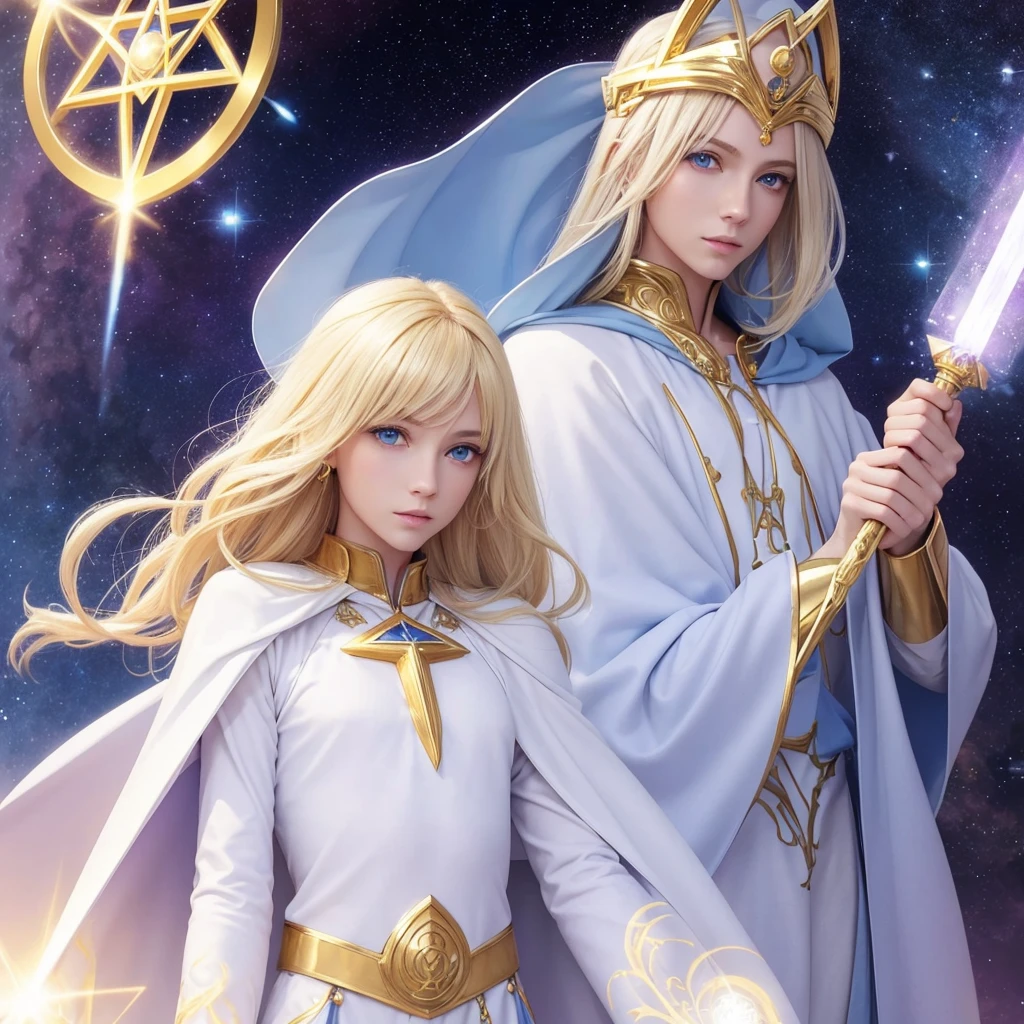 Blonde Pleiadian with sky blue eyes wearing white clothing along with grayish blue Arcturian in purple cape with golden scepter and golden sacred geometry on the chest with white Leo in white clothing with gold details 